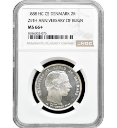 Denmark 2 kroner 1888 HC CS, NGC MS66+, "25th Anniversary of Reign" silver coin