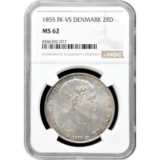 Denmark 2 rigsdaler 1855 VS, NGC MS62, "King Frederick VII (1848 - 1863)"