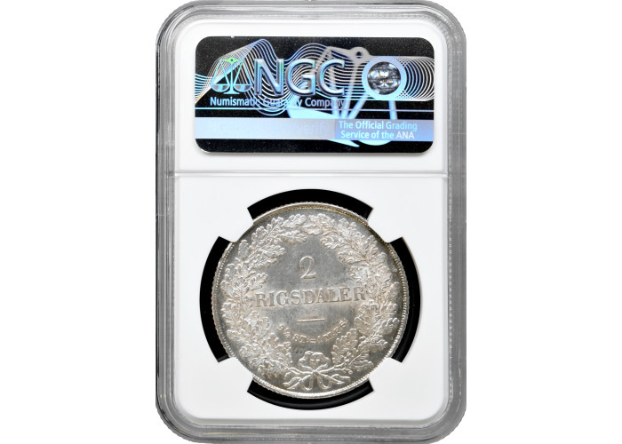 Denmark 2 rigsdaler 1855 VS, NGC MS62, "King Frederick VII (1848 - 1863)"