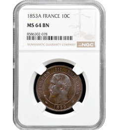 France 10 centimes 1853 A, NGC MS64 BN, "Emperor Napoleon III (1852 - 1870)"