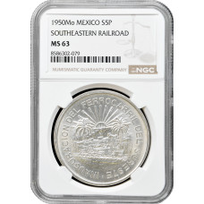 Mexico 5 pesos 1950 Mo, NGC MS63, "Opening of the Southern Railway" silver coin