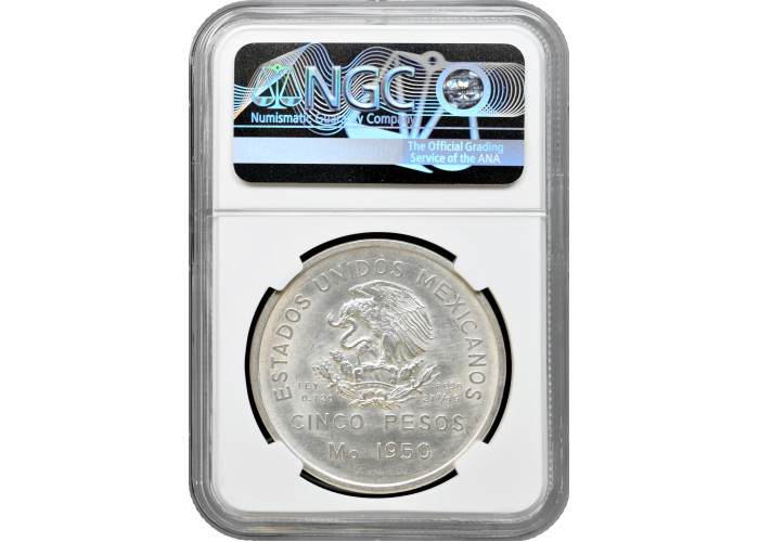 Mexico 5 pesos 1950 Mo, NGC MS63, "Opening of the Southern Railway" silver coin