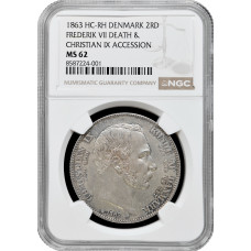 Дания 2 ригсдалера 1863 г. HC-RH, NGC MS62, "Вступление на престол Кристиана IX"