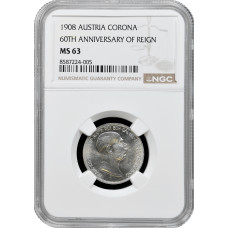 Austria 1 corona 1908, NGC MS63, "60th Anniversary of Reign" silver coin