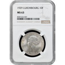 Luxemburg 10 Franken 1929, NGC MS63, "Großherzogin Charlotte (1918 - 1964)"