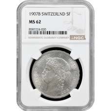 Switzerland 5 francs 1907 B, NGC MS62, "Confoederatio Helvetica (1850 - 1916)"