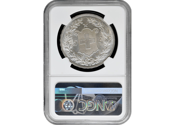 Switzerland 5 francs 1907 B, NGC MS62, "Confoederatio Helvetica (1850 - 1916)"