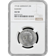 Saxony 2 mark 1914 E, NGC AU58, "King Friedrich August III (1904 - 1918)"