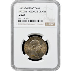 Saxony 2 mark 1904 E, NGC MS65, "Death of George of Saxony" silver coin