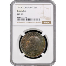 Bavaria 3 mark 1914 D, NGC MS63, "King Ludwig III (1913 - 1918)" silver coin