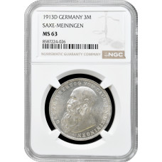 Sachsen-Meiningen 3 Mark 1913 D, NGC MS63, "Herzog Georg II (1866 - 1914)"