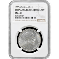 Schwarzburg-Sondershausen 3 mark 1909 A, NGC MS63+, "Death of Charles Gonthier"