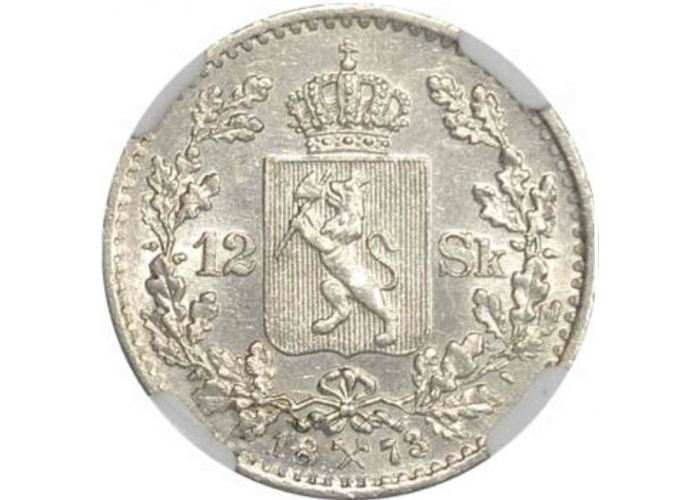 Norway 12 skilling 1873, NGC MS61, "King Oscar II (1872 - 1905)"