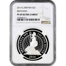 Великобритания 2 фунта 2014 г., NGC PF69 UC, "Стоящая Британия со львом у ее ног"