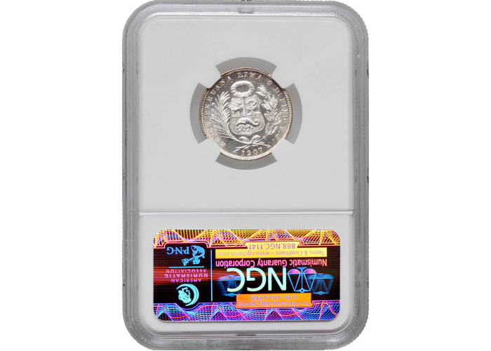 Peru 1/5 sol 1907 FG, NGC MS63, "República del Perú (1863 - 1917)"