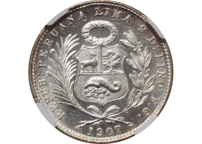 Peru 1/5 sol 1907 FG, NGC MS63, "República del Perú (1863 - 1917)"