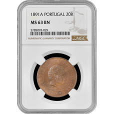 Португалия 20 рейсов 1891 г. A, NGS MS63 BN, "Король Карлуш I (1889 - 1908)"