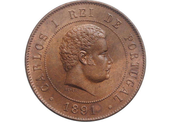 Portugal 20 reis 1891 A, NGS MS63 BN, "King Carlos I (1889 - 1908)"
