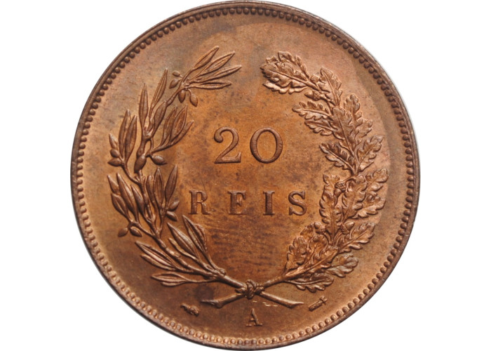 Portugal 20 reis 1891 A, NGS MS63 BN, "King Carlos I (1889 - 1908)"