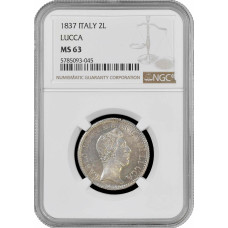 Лукка 2 лиры 1837 г., NGC MS63, "Герцог Карл Людовик Бурбон (1924 - 1947)"