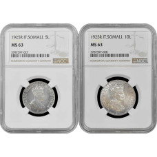 Итальянское Сомали 5, 10 лир 1925 г., NGC MS63, "Король Виктор Эммануил III (1900 - 1946)"