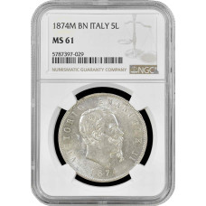 Italien 5 Lire 1874 M, NGC MS61, "König Vittorio Emanuele II (1861 - 1878)"