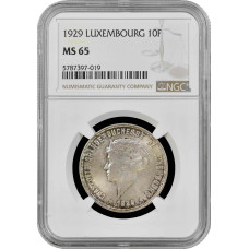 Luxemburg 10 Franken 1929, NGC MS65, "Großherzogin Charlotte (1918 - 1964)"