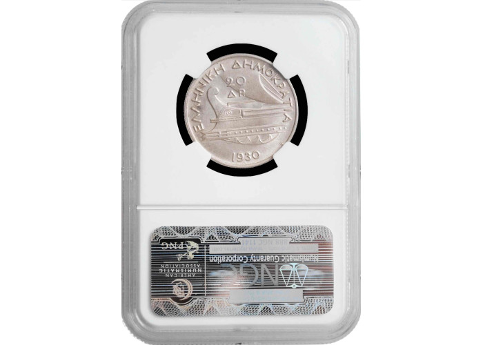 Греция 20 драхм 1930 г., NGC MS62, "Вторая Республика (1924 - 1935)"