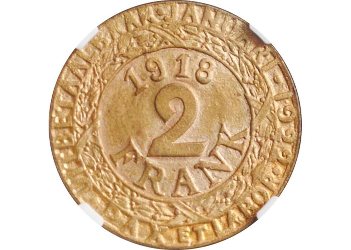 Бельгия 2 франка 1918 г., NGC MS64, "Германская оккупация города Гент (1915 - 1918)"