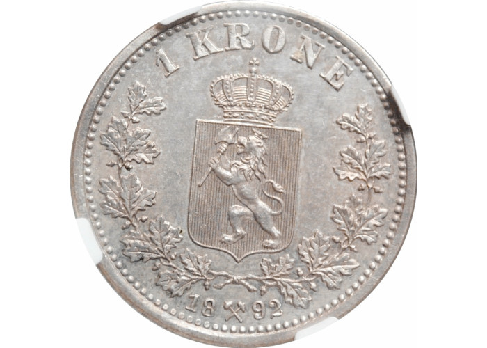 Norway 1 krone 1892, NGC MS61, "King Oscar II (1874 - 1906)"