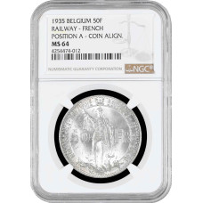 Belgium 50 francs 1935 French - Pos. A, NGC MS64, "Railway Centennial"
