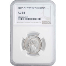 Швеция 1 крона 1875 г. ST, NGC AU58, "Король Оскар II (1873 - 1907)"