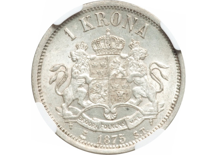 Швеция 1 крона 1875 г. ST, NGC AU58, "Король Оскар II (1873 - 1907)"