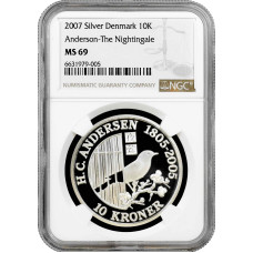 Дания 10 крон 2007 г., NGC MS69, "Сказка - Соловей" Top Pop