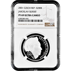 Чехия 200 крон 2001 г., NGC PF69 UC, "100 лет со дня рождения Ярослава Сейферта" Top Pop