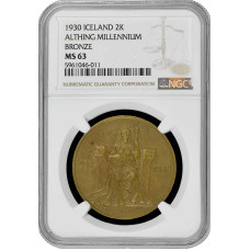 Island 2 Kronen 1930, NGC MS63, "1000 Jahre - Althing"