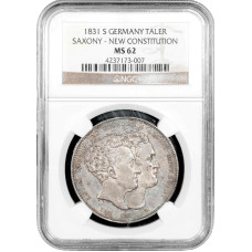 Saxony 1 thaler 1831 S, NGC MS62, "New Constitution" silver coin