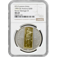 Андорра 20 динеров 1995 г., NGC MS69, "Таможенный союз ЭКЮ - Рамон Беренгер III" Top Pop