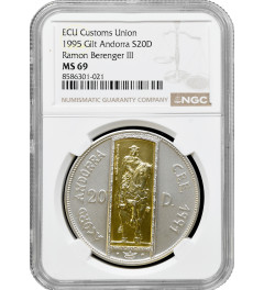 Andorra 20 diners 1995, NGC MS69, "ECU Customs Union Ramon Berenguer III"Top Pop