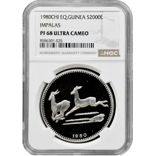 Equatorial Guinea 2000 ekuele 1980 CHI, NGC PF68 UC, "Impala" silver coin