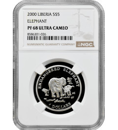 Liberia 5 dollars 2000, NGC PF68 UC, "Wildlife - Endangered Elephant" Top Pop
