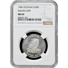 Vietnam 100 dong 1986, NGC MS69, "Vietnamese Junk" silver coin