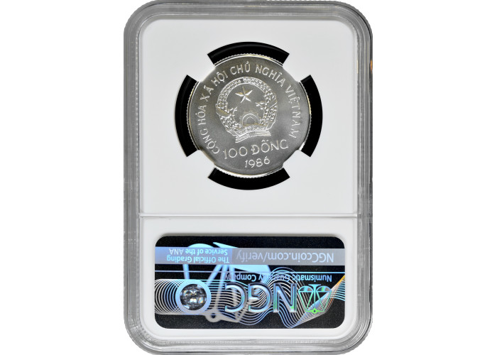 Vietnam 100 dong 1986, NGC MS69, "Vietnamese Junk" silver coin