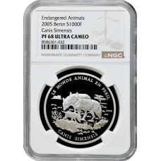 Benin 1000 Franken 2005, NGC PF68 UC, "Bedrohte Tierwelt Wolf (Canis simensis)"