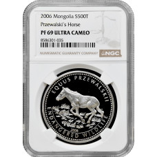 Монголия 500 тугриков 2006 г., NGC PF69 UC, "Исчезающие виды - Лошадь Пржевальского"