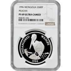 Монголия 500 тугриков 1996 г., NGC PF69 UC, "Вымирающие виды - Пеликан" Top Pop