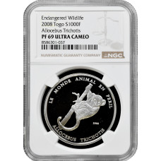 Togo 1000 Franken 2008, NGC PF69 UC, "Gefährdete Wildtiere: Allocebus trichotis"
