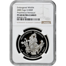 Togo 1000 Franken 2005, NGC PF68 UC, "Gefährdete Wildtiere Propithecus Verreauxi"