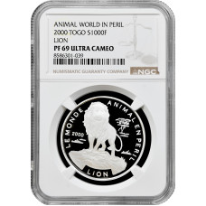 Togo 1000 Franken 2000, NGC PF69 UC, "Tiere in Gefahr - Löwe" Top Pop