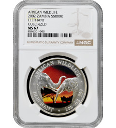 Замбия 5000 квач 2002 г., NGC MS67, "Дикая природа Африки - Слоны" цветная